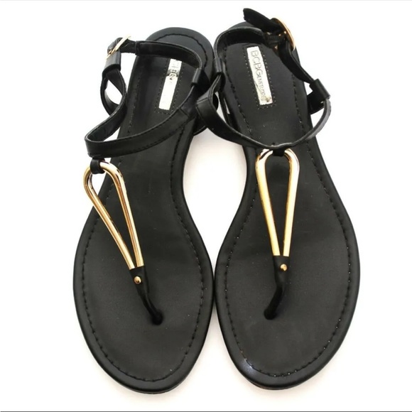 BCBG Black Metal Thong T Strap Sandals Angle Wrap Synthetic Leather Black - Picture 2 of 6